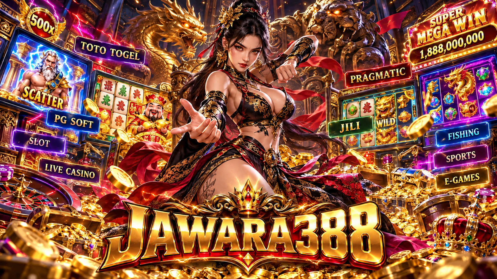 Banner JAWARA388 dengan ilustrasi karakter fantasi dan elemen hiburan digital